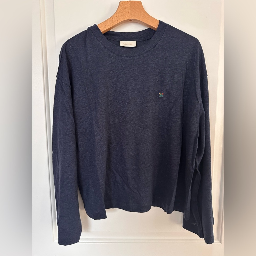 Aime Leon Dore Navy Crew Neck Linen Long Sleeves Tee Shirt - Size L